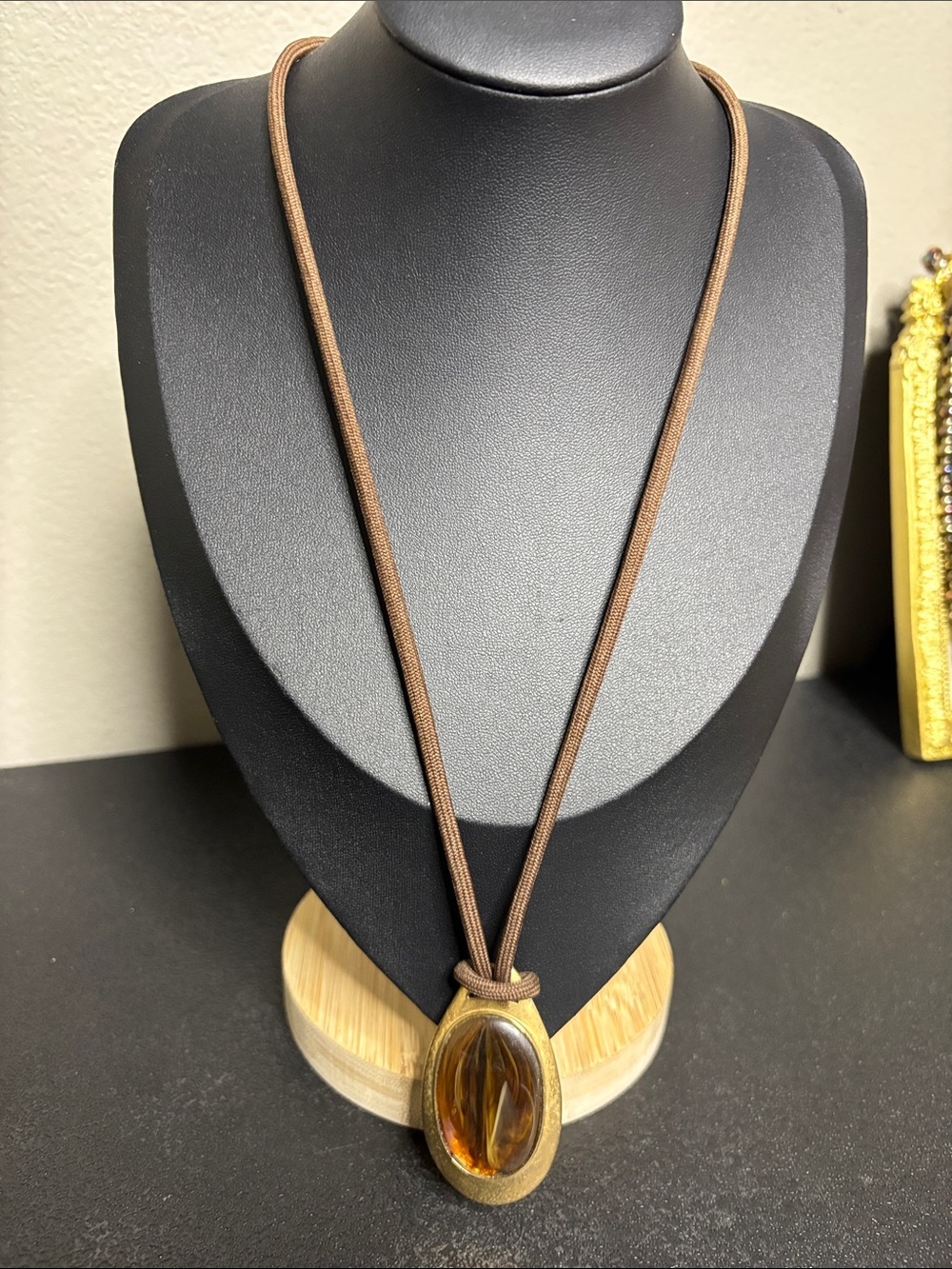 Sarah Coventry 1978 Broadway Brown Cord Necklace Golden Amber Oval Pendant